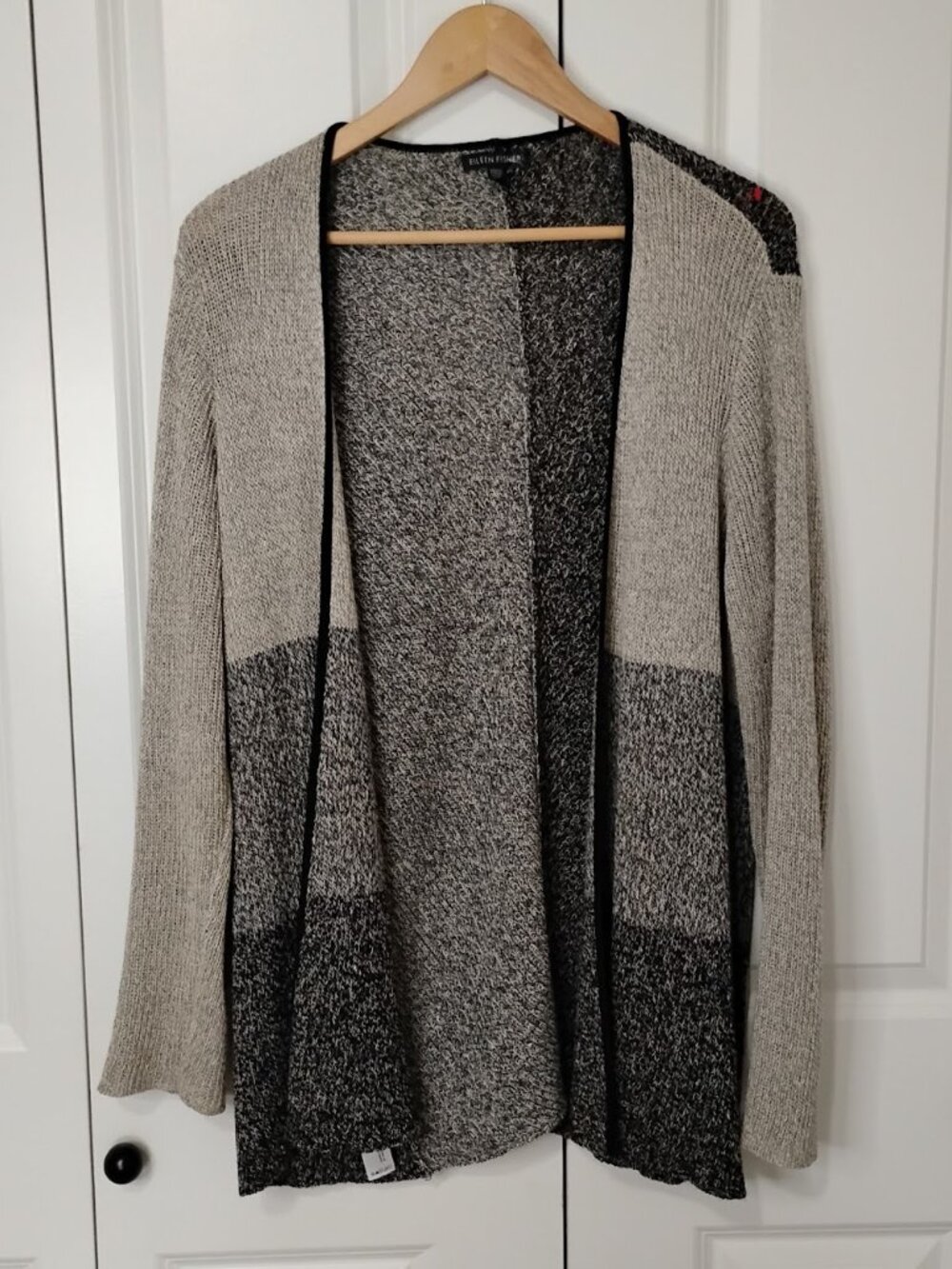 Eileen Fisher Women's Black Grey Colorblock Open Front Cardigan Sweater Size L